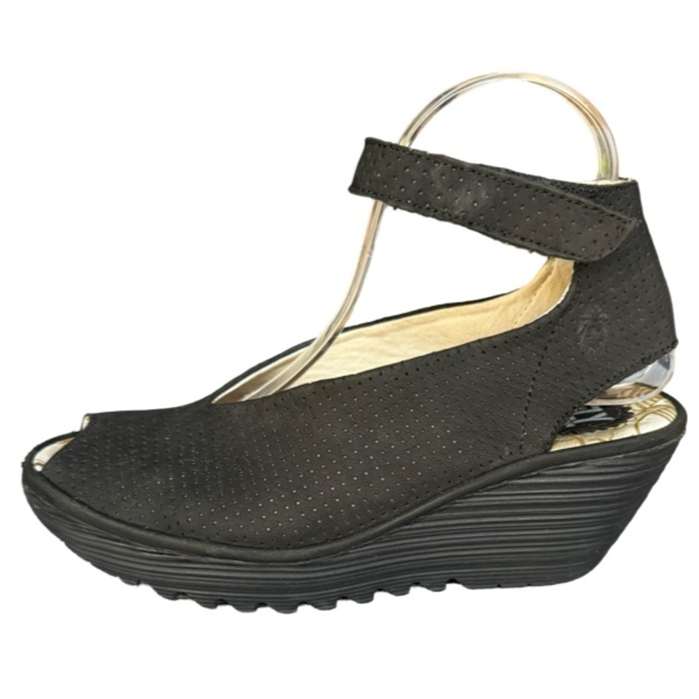 FLY London Womens Yala Perforated Peep Toe Wedge, Black, EU 40 / US 9.5